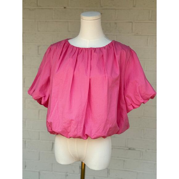 & Merci Hot Pink Women's Crop Top Bubble Sleeves Large Casual Spring Summer - Picture 6 of 10